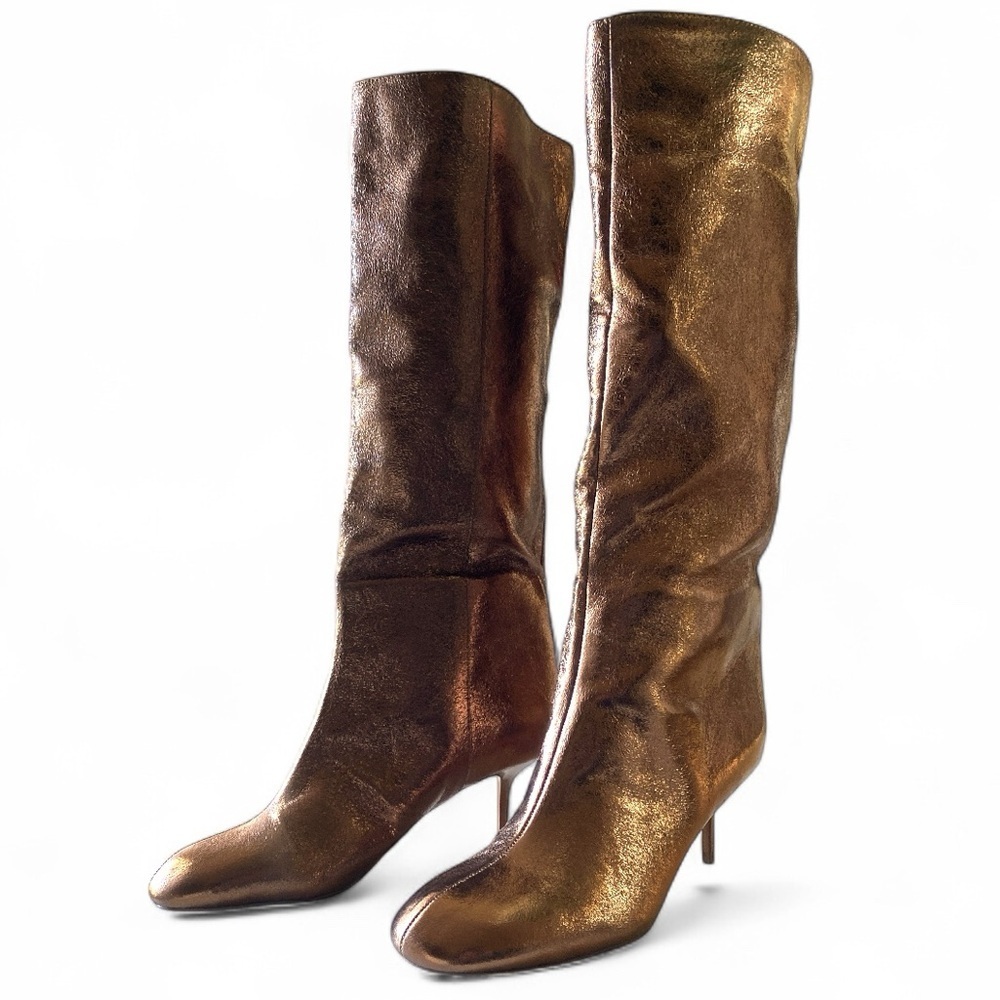 Zara Metallic Golden Bronze Kitten Heel Boots Knee HighY2K Size US9 EU40 NWT